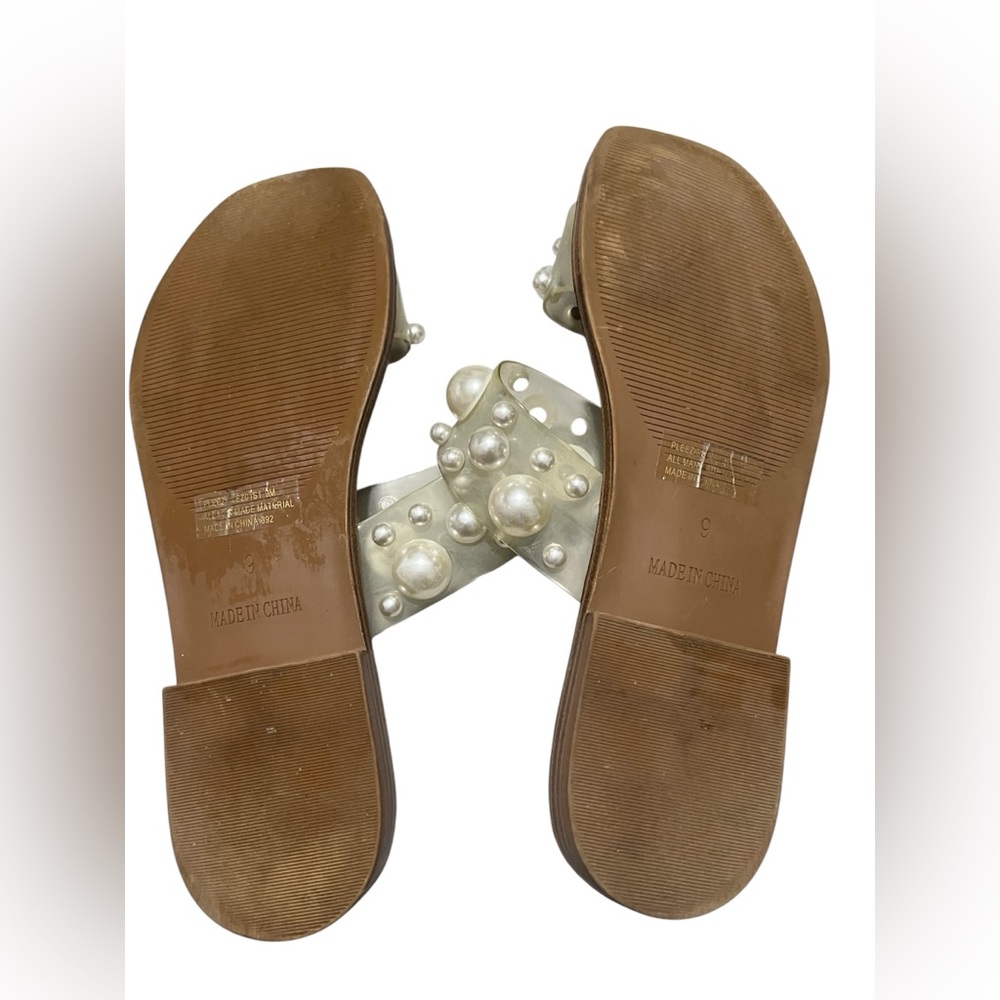 Size 9 Steve Madden Pearl-Embellished Clear Strap Slide Sandals - Nude/Tan - Picture 6 of 8